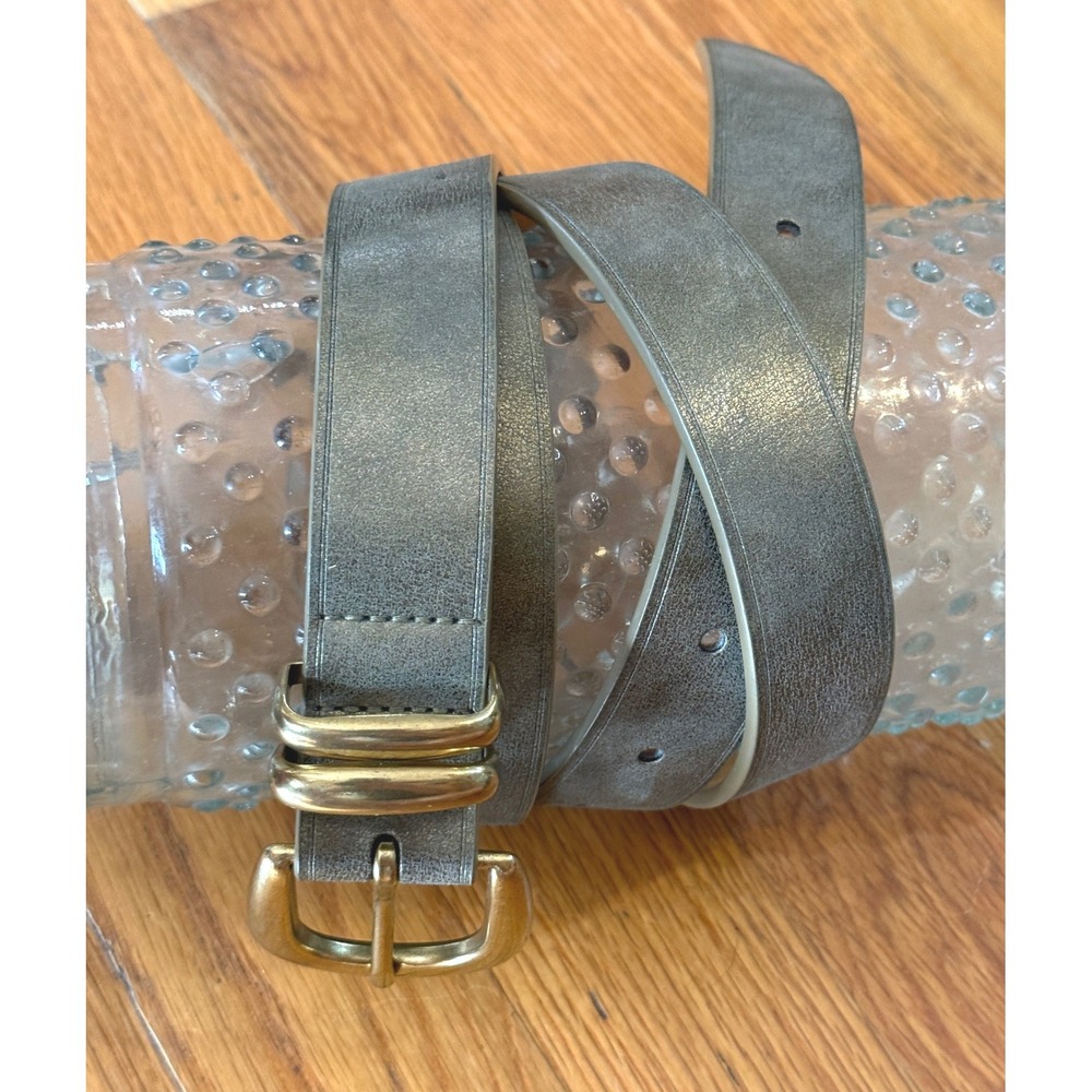 Pewter Gray Distressed Faux Leather Belt Gold Tone Buckle XXL Plus Size
